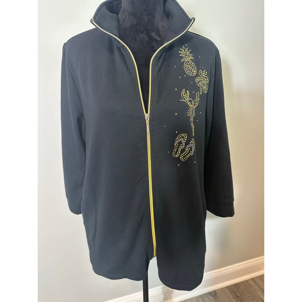 Quacker Factory Black Zip Jacket L Gold Rhinestone Tropical Pineapple Bling